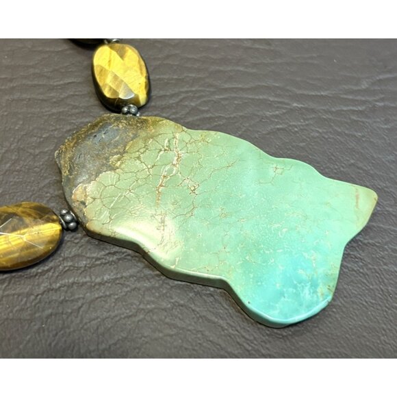 VINTAGE 925 Sterling Silver Tiger’s Eye Bead Turquoise Slice Chunky Necklace - Picture 6 of 10